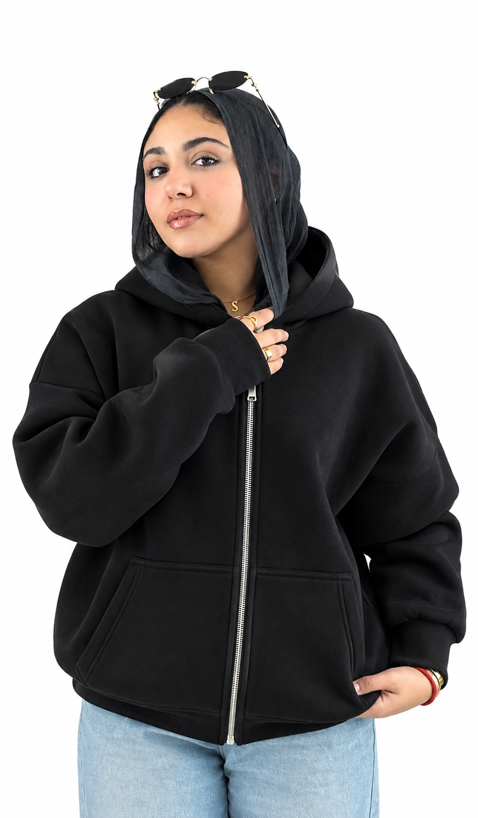 Double-Zip Oversized Sweatshirt-Black