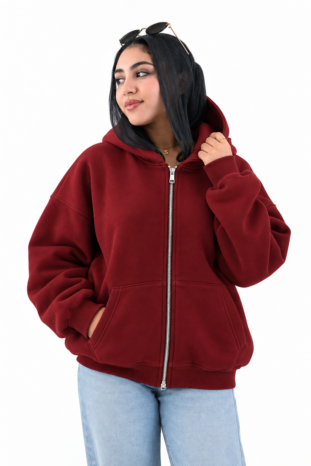 Double-Zip Oversized Sweatshirt-Burgundy