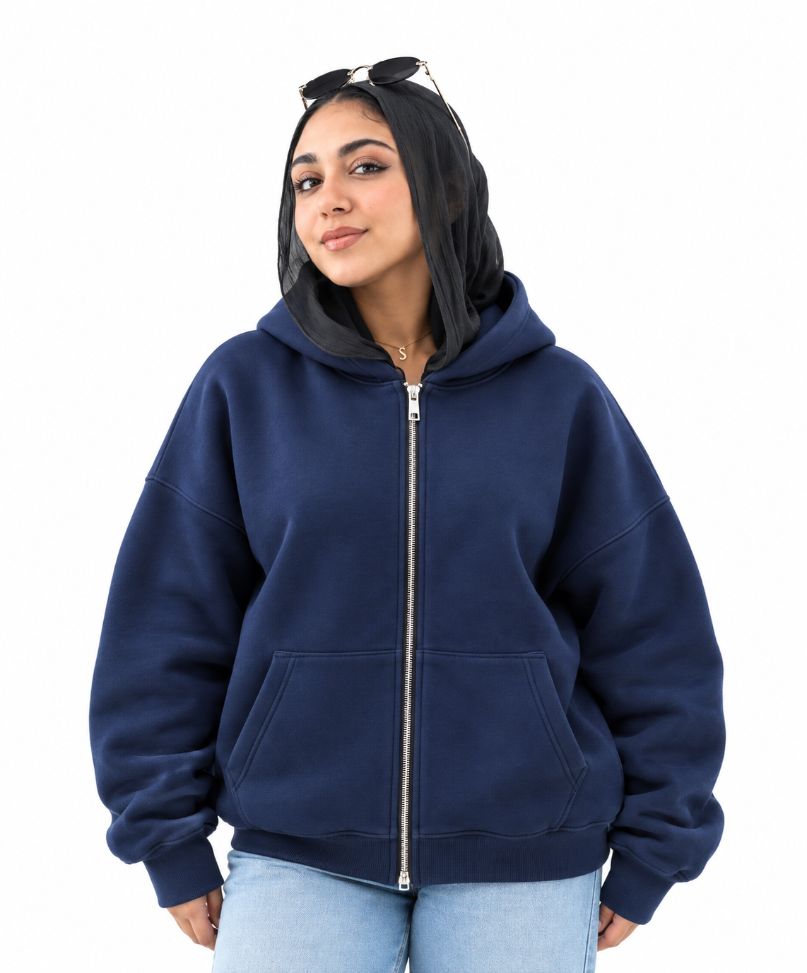 Double-Zip Oversized Sweatshirt-Navy Blue