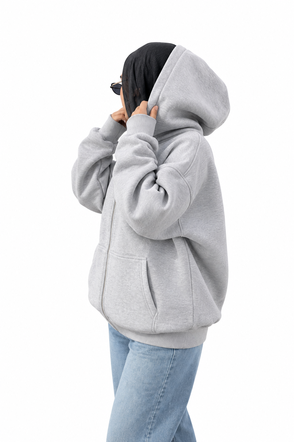 Double-Zip Oversized Sweatshirt-Light Grey