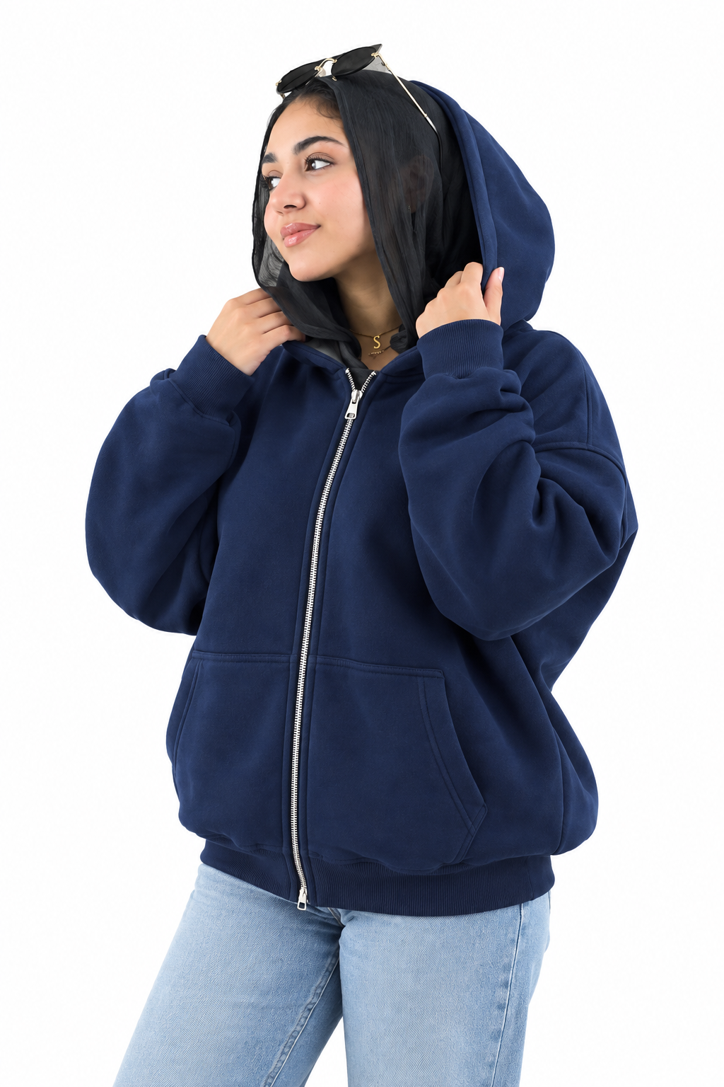 Double-Zip Oversized Sweatshirt-Navy Blue