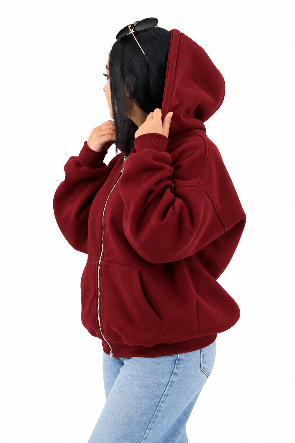 Double-Zip Oversized Sweatshirt-Burgundy