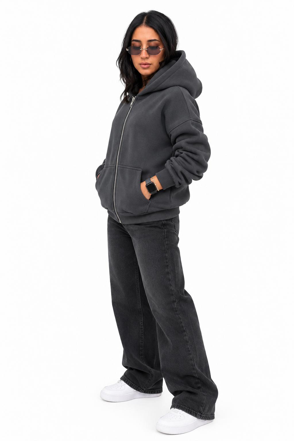 Double-Zip Oversized Sweatshirt-Grey