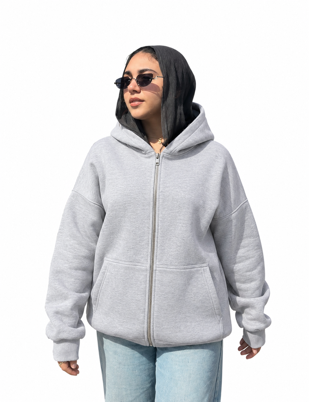 Double-Zip Oversized Sweatshirt-Light Grey